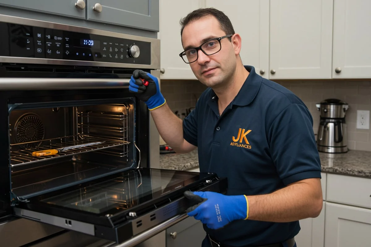 JK Appliance Repair technician servicing an oven in a Toronto kitchen