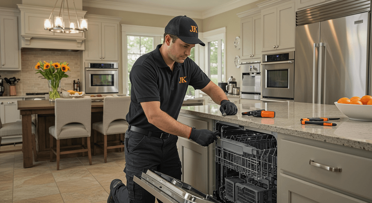 Dishwasher repair technician at work