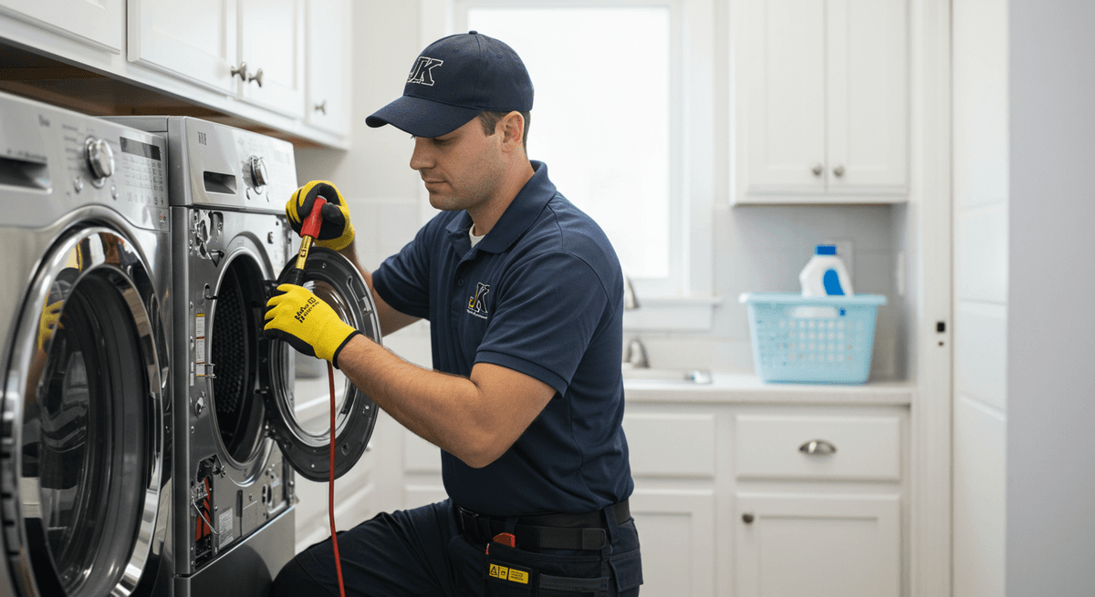 Dryer repair technician at work