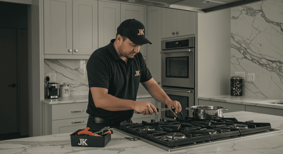 Stove repair technician at work