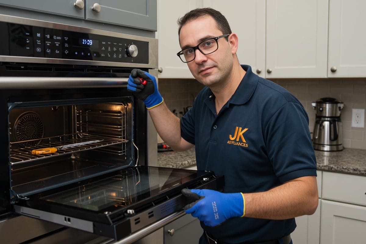 JK Appliance Repair technician servicing an oven in a Toronto kitchen