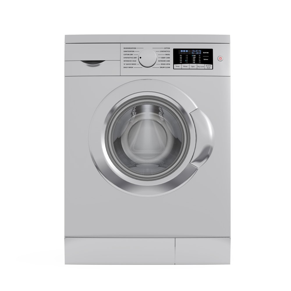 Modern,Metalic,Washing,Machine,On,A,White,Background.,3d,Rendering.